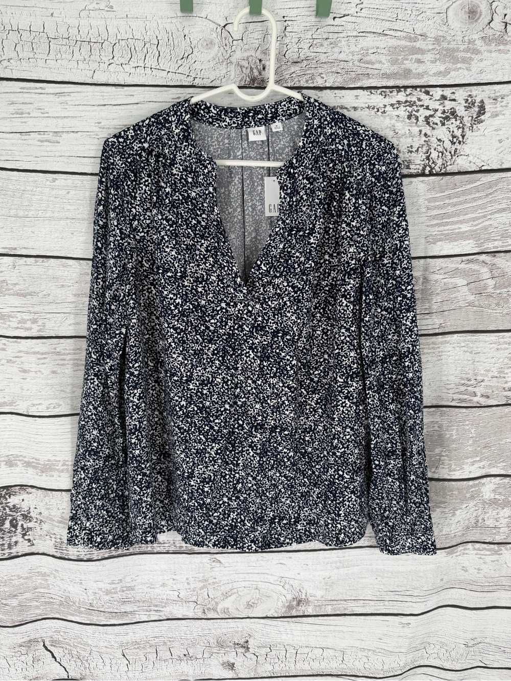 GAP Navy and White Floral V-Neck Long Sleeve Blouse
